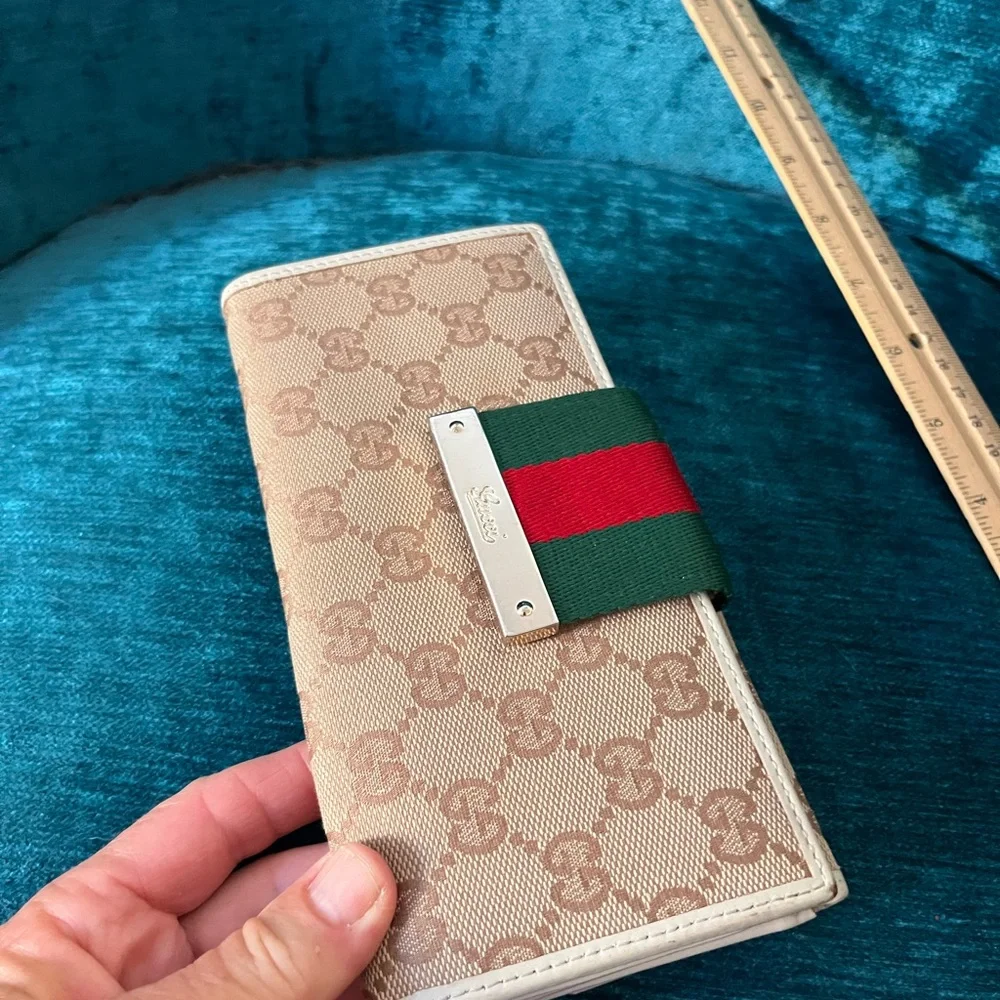GG Look a like Beige Wallet with Green and Red Stripe with Genuine Leather trim - Picture 6 of 13